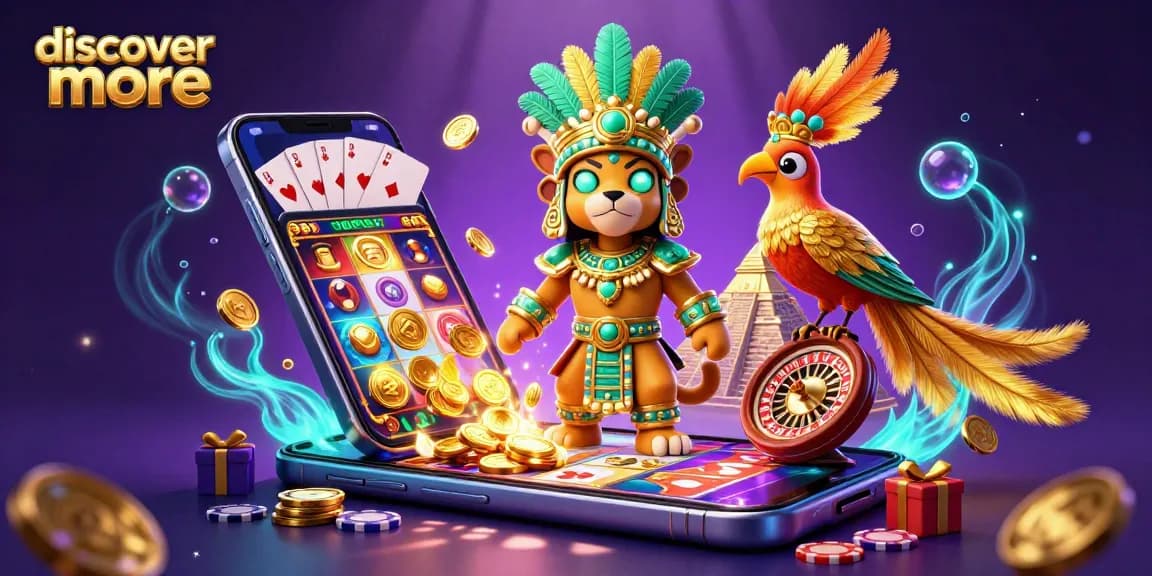 Discover more with an energetic scene featuring a Mayan jaguar priest and a quetzal bird amidst vibrant casino elements.