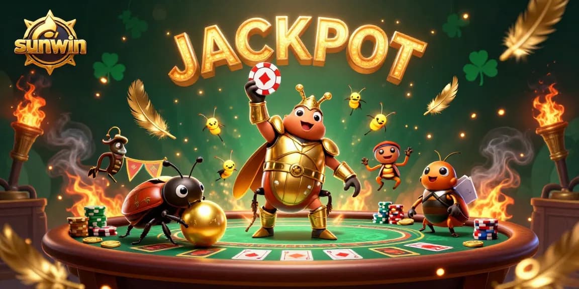Engage in exciting games at sunwin featuring a heroic beetle championing poker in a vibrant atmosphere.