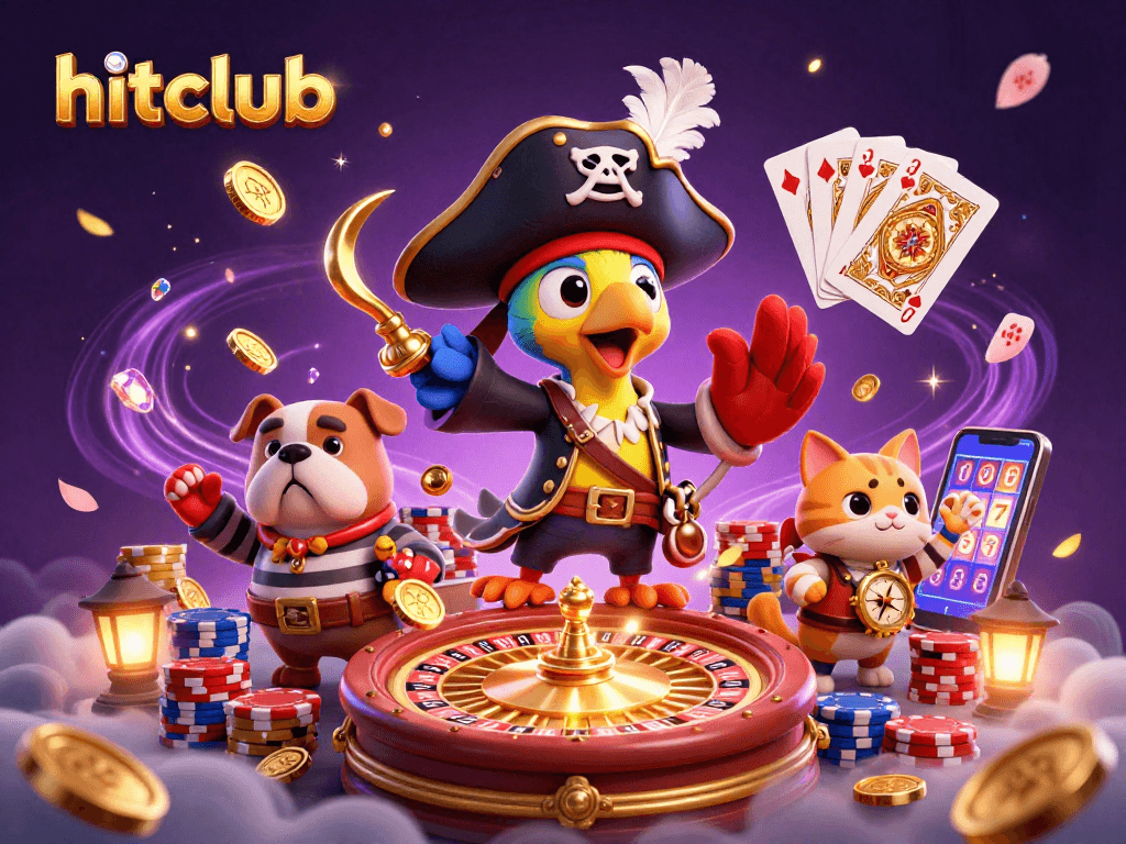 Engage in hitclub gaming adventures with a dynamic pirate scene featuring playful characters and casino elements.