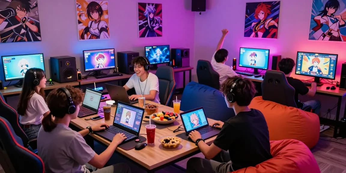 Group of players enjoying game hentai in a colorful gaming room with vibrant lighting.