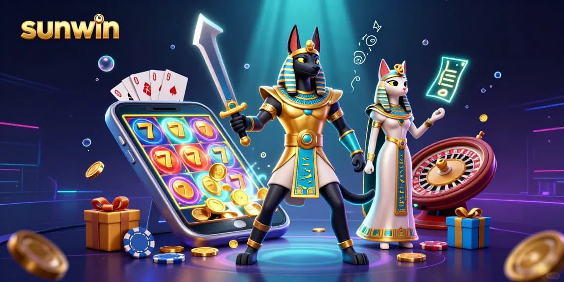 Spin the reels with sunwin's captivating slots featuring Anubis and Bastet in a vibrant casino scene.