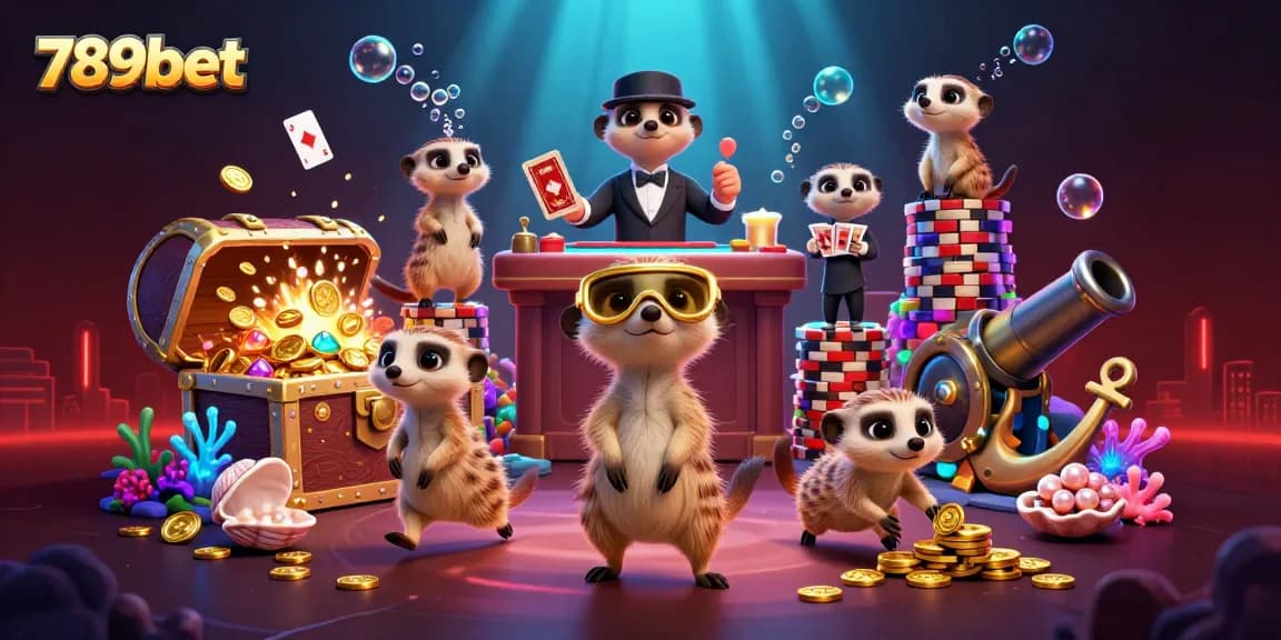 Experience the excitement of 789bet casino with meerkats managing games amid treasure and vibrant visuals.