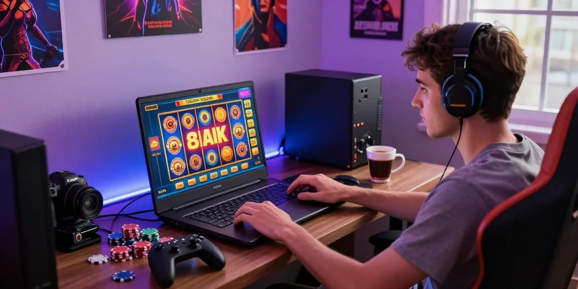 Exciting online gaming experience at situs slot deposit 10 ribu with colorful slot graphics and focused player.