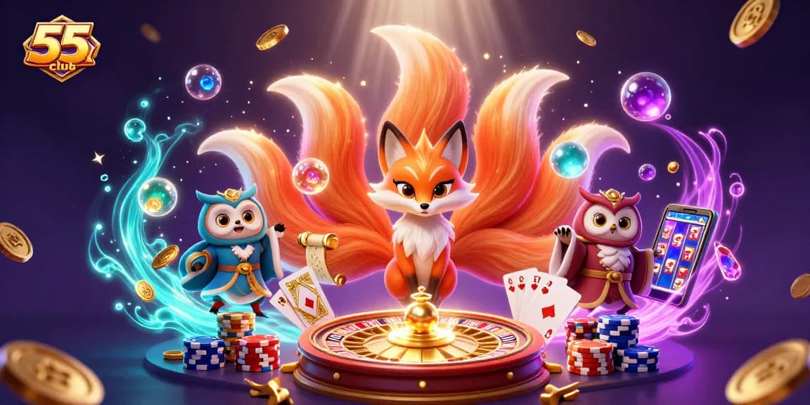 Experience the vibrant energy of 55club with a magical casino scene featuring colorful characters and game elements.