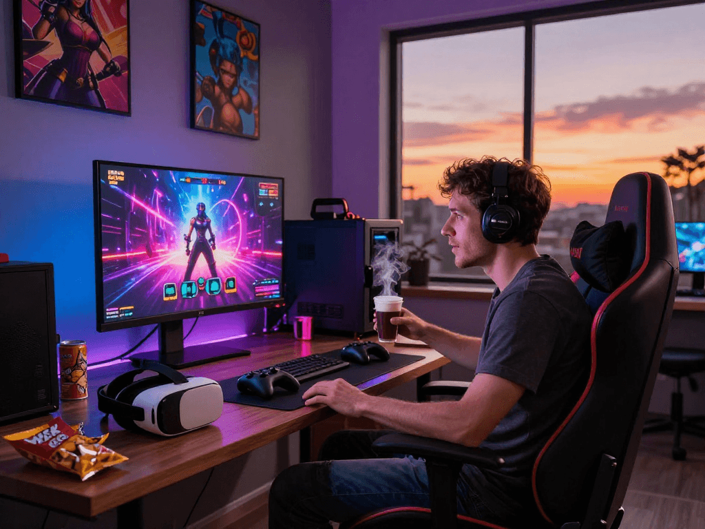 Engaging scene of a gamer playing sex games with vibrant visuals and an inviting atmosphere