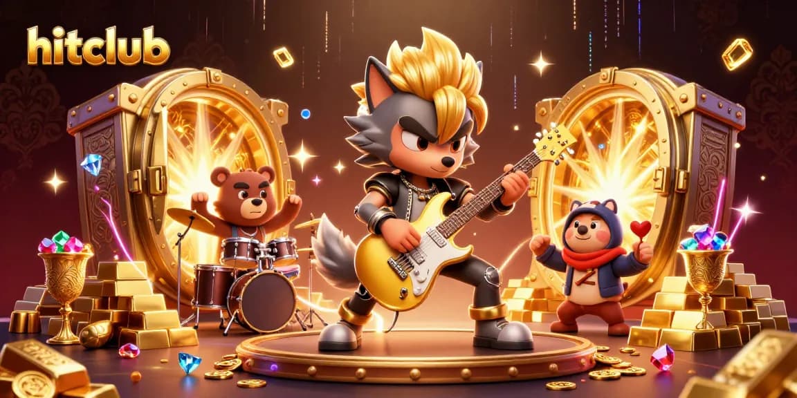 Experience hitclub's thrilling gaming atmosphere with a cartoon rock star wolf on stage.