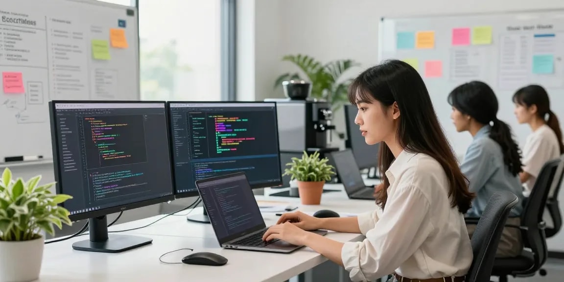 Build internal tools with AI in a collaborative workspace featuring a diverse team coding and brainstorming.