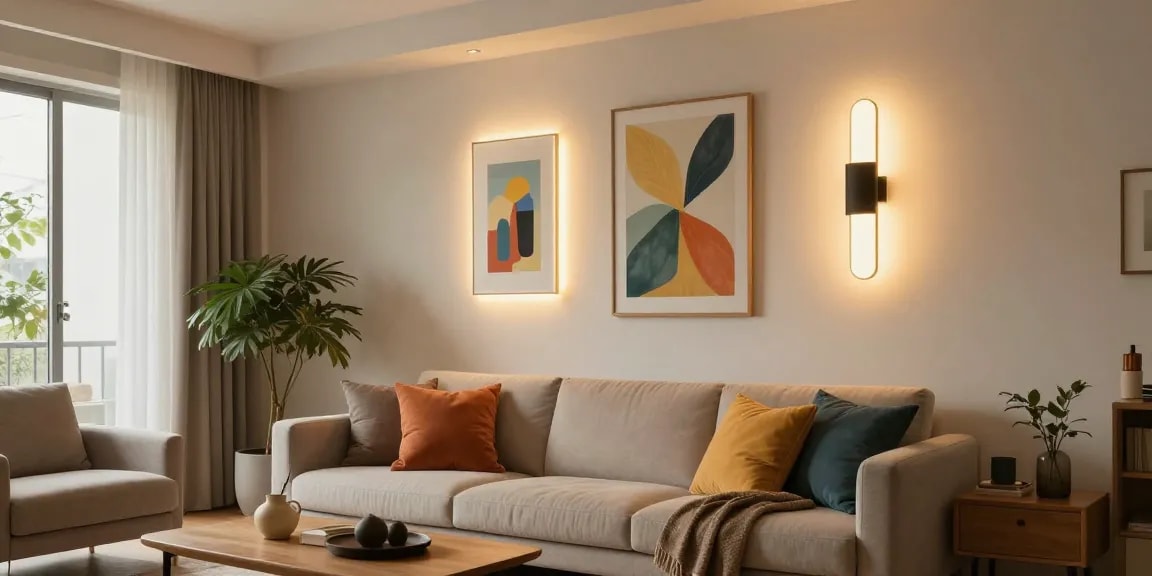 Iluminat elegant cu Aplica LED în living modern, creând atmosferă primitoare.