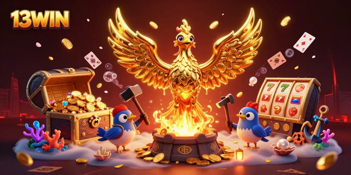 Experience thrilling gameplay at 13WIN with stunning visual elements of a golden phoenix and dynamic jackpot symbols.