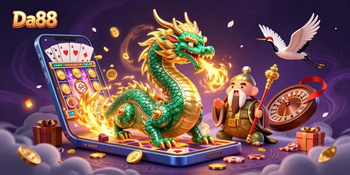 Experience the thrilling world of Da88 with a jade dragon, sage turtle, and gaming elements!