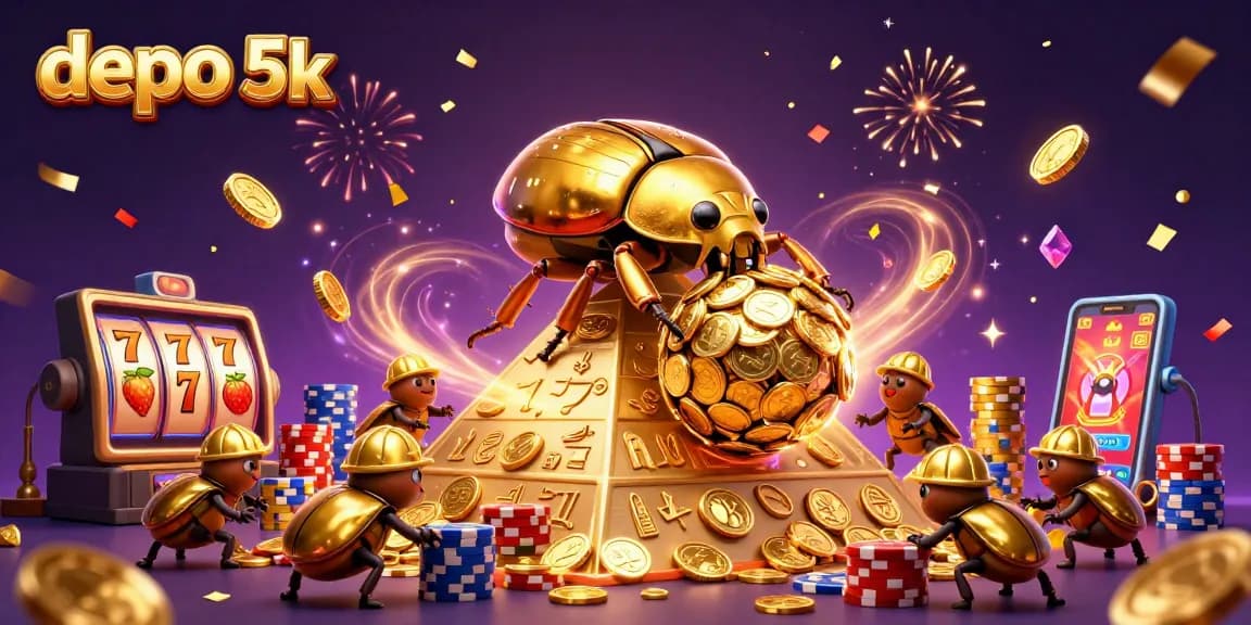 Experience big wins at depo 5k as the golden dung beetles roll coins and spin slot machines in a colorful casino illustration.