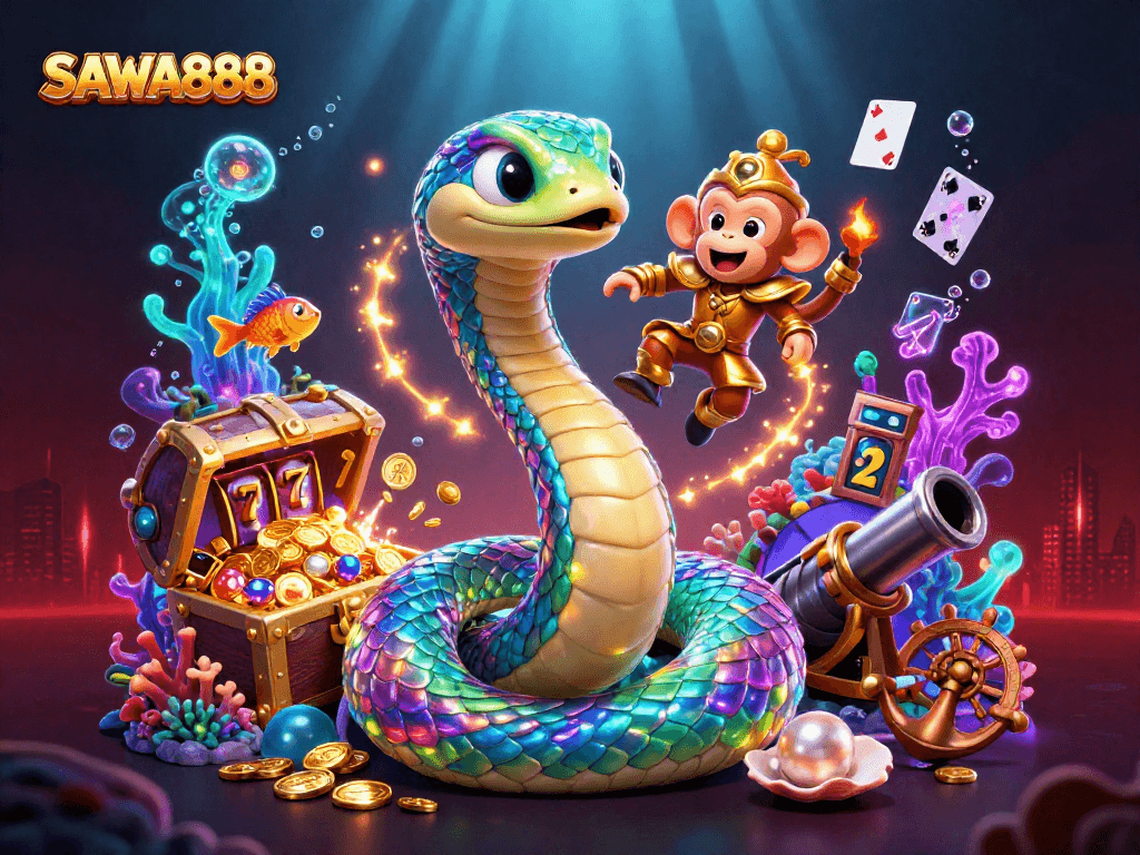 Engage in SAWA888's exciting slots adventure with a colorful rainbow serpent and playful gaming elements.