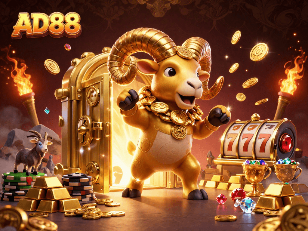 AD88 delivers a thrilling gaming experience with a golden ram charging through a treasure vault.