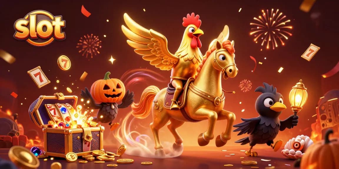 Experience thrilling slot action with a golden rooster in a vibrant casino scene.