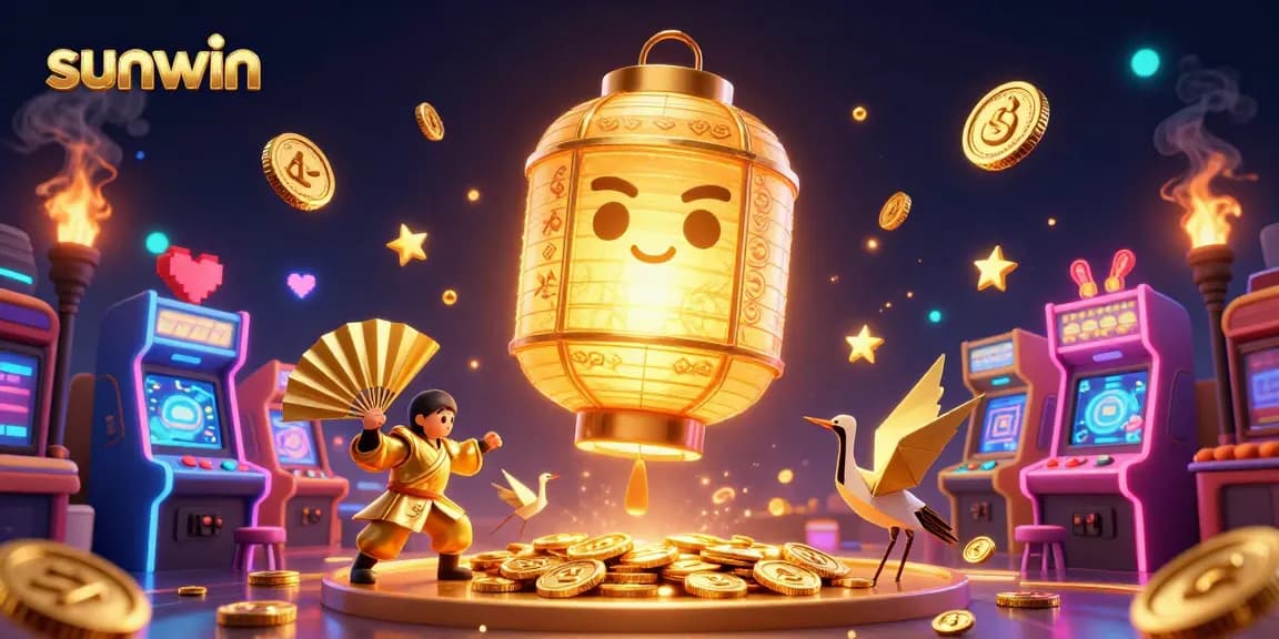 Experience the excitement of sunwin with a vibrant casino scene featuring golden lantern spirits and dynamic game elements.