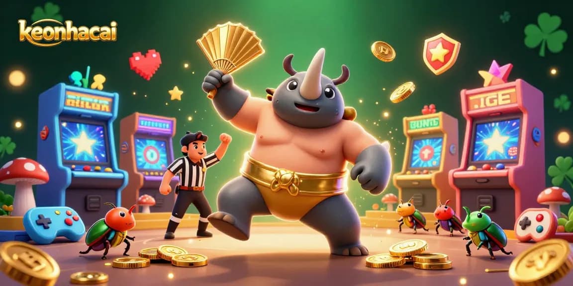 keonhacai showcases an epic 3D beetle sumo champion in a dynamic casino scene filled with coins and gaming elements.