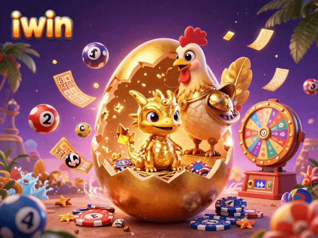 Experience exciting lottery trends with iwin's colorful 3D dragon and game elements illustration.