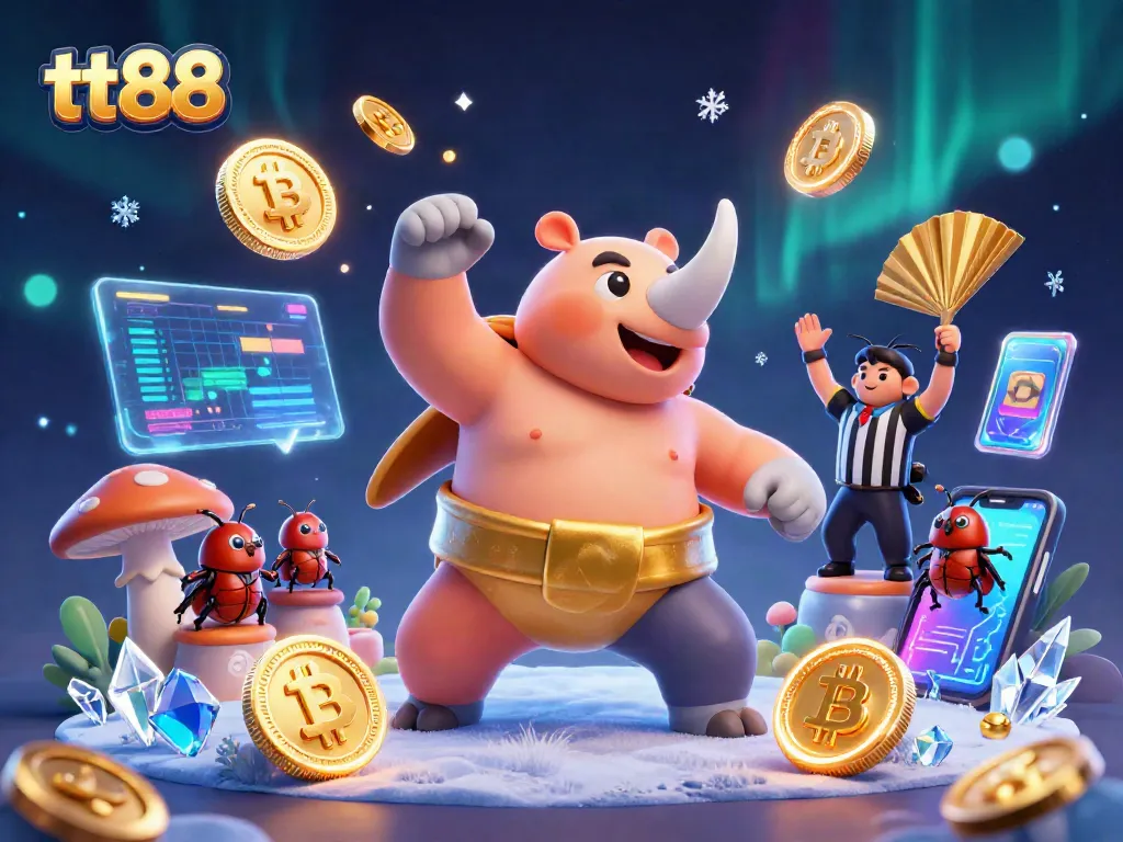Experience the thrilling world of tt88 with a sumo champion beetle amidst flying coins in a vibrant gaming arena.