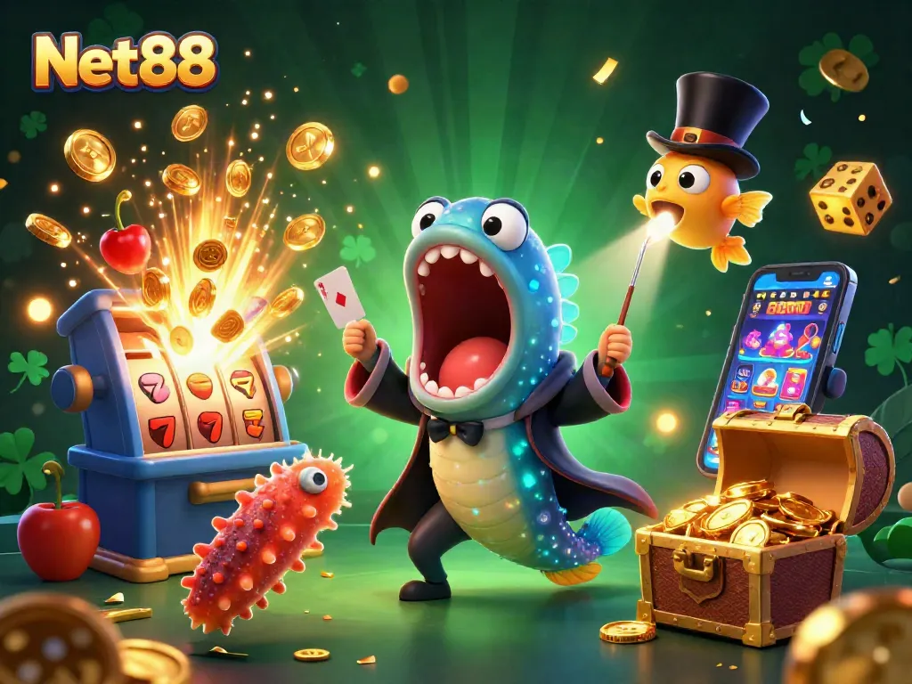 Net88 offers thrilling card tricks in a vibrant 3D casino scene bursting with excitement.