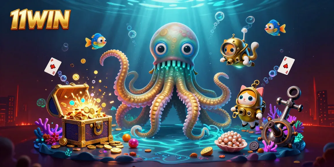Experience the thrilling undersea world of 11WIN with a kraken and vintage diving cat amidst mesmerizing treasures.
