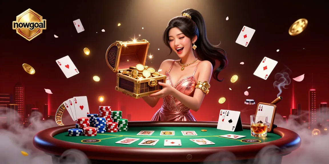 Experience the thrill with nowgoal as the joyful woman presents an overflowing treasure chest in a dynamic betting scene.