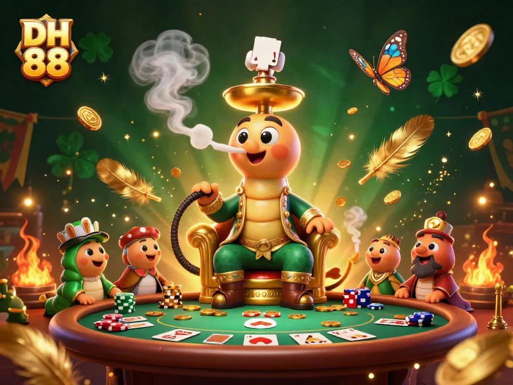 Engage with the thrilling atmosphere of DH 88 featuring a whimsical caterpillar surrounded by poker elements.