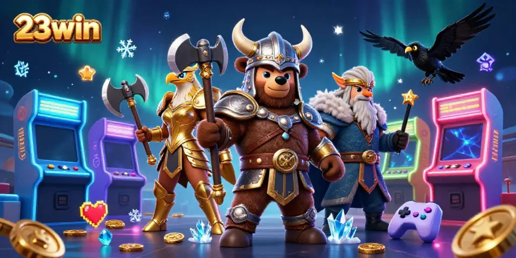 Join the Viking bear and Valkyrie eagle exploring the vibrant 23win casino realm filled with glowing arcade games and treasures.