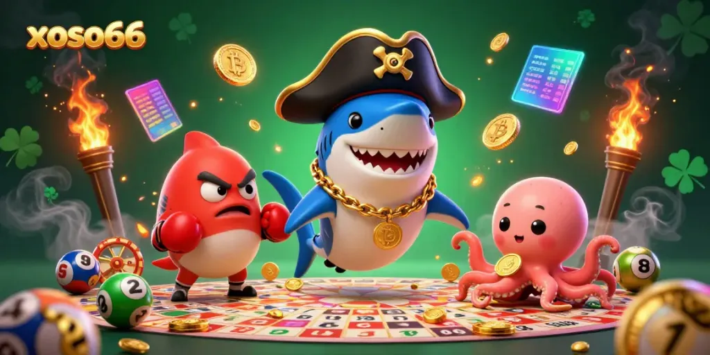 Experience the excitement of xoso66 with a vibrant lottery scene featuring playful character interactions.