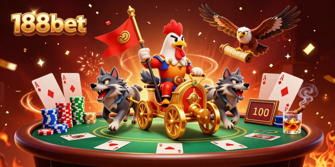 Engage with 188bet's thrilling casino experience featuring a rooster warlord in a festive poker scene.