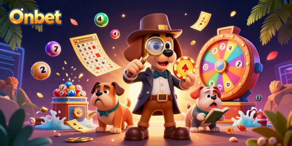 Onbet enhances excitement with a cartoon detective and companion examining poker clues amidst vibrant casino elements.