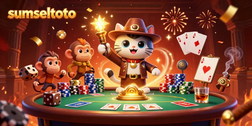 Engage with sumseltoto's thrilling casino adventures featuring an explorer cat and monkey in a vibrant scene.