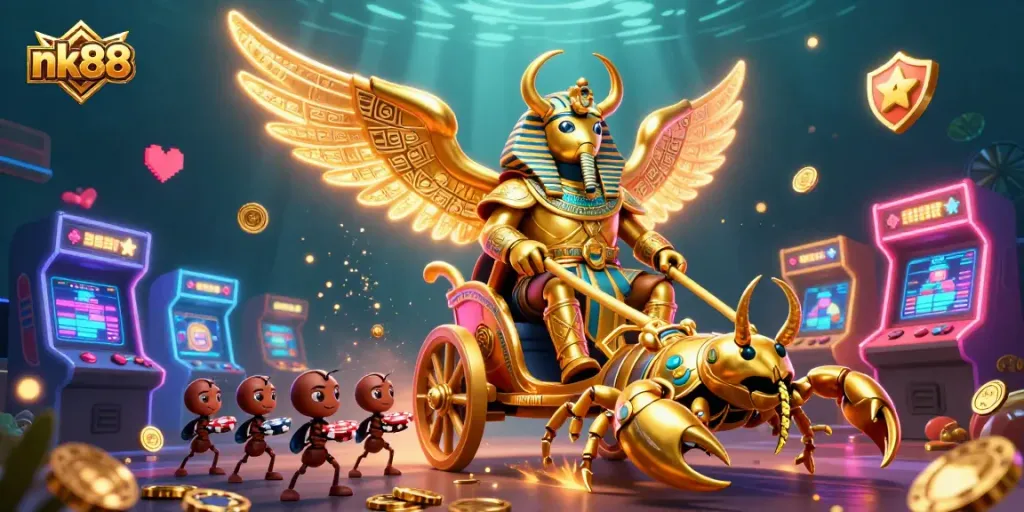Experience the excitement of nk88 with a golden beetle and scorpions amidst vibrant casino game elements.