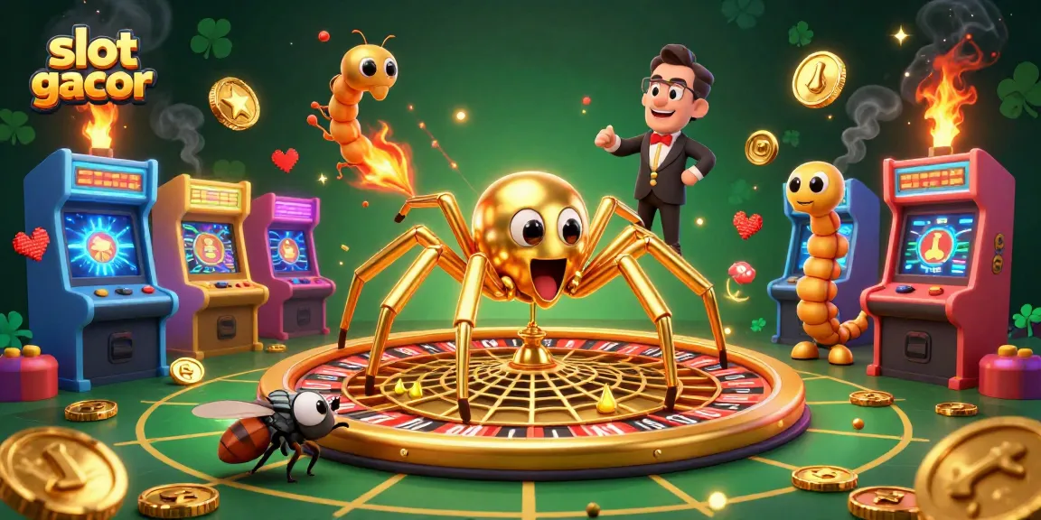 Experience the excitement of slot gacor with a golden spider spinning a roulette web and playful characters.