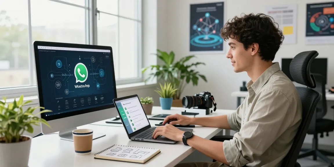 Dynamic workspace for WhatsApp下載 featuring app interface on laptop, professional engaged in tech tasks.