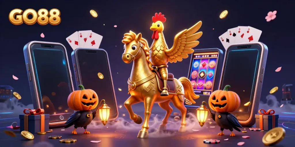 Experience exciting gaming action at GO88 with a golden rooster and friends in a vibrant casino scene.