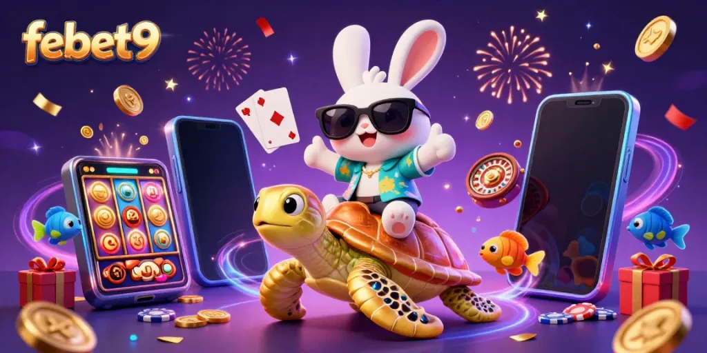 Experience the excitement of febet9 with a cartoon lucky rabbit and golden turtle amidst gambling elements.