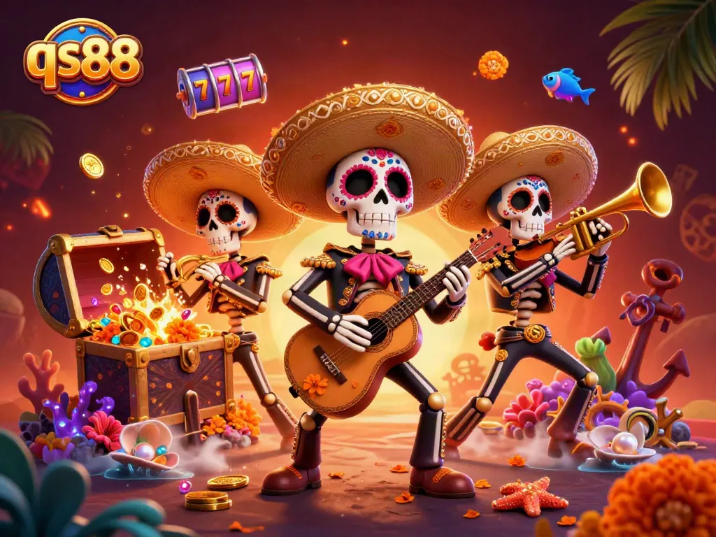 Experience the thrilling gameplay of qs88 with a vibrant casino scene featuring skeleton mariachi musicians.