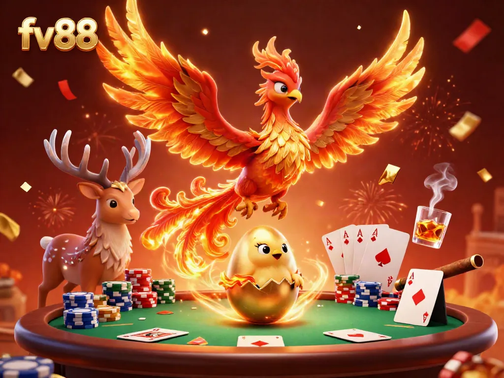 Engage in thrilling fv 88 action amidst a vibrant casino scene, featuring a fire phoenix and poker elements.