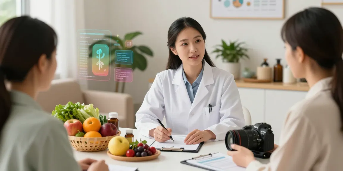 Nutritional Therapist London discussing personalised dietary plans with client in a wellness clinic.