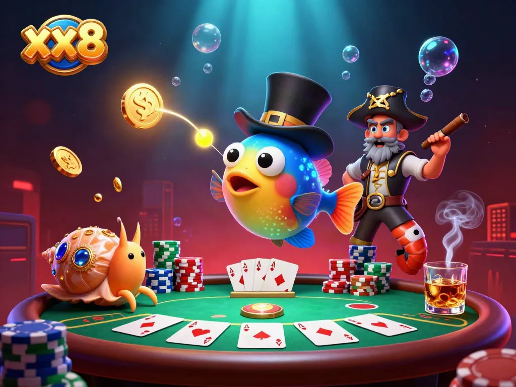Engage with the dynamic xx8 casino scene featuring an anglerfish and treasure-themed characters.