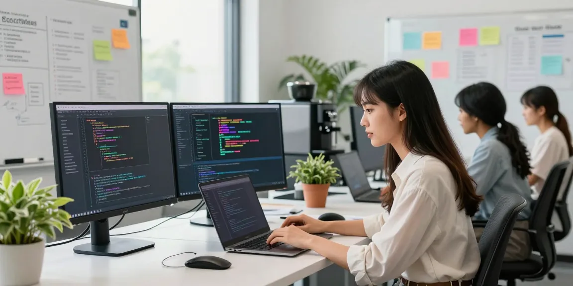 Build internal tools with AI in a collaborative workspace featuring a diverse team coding and brainstorming.