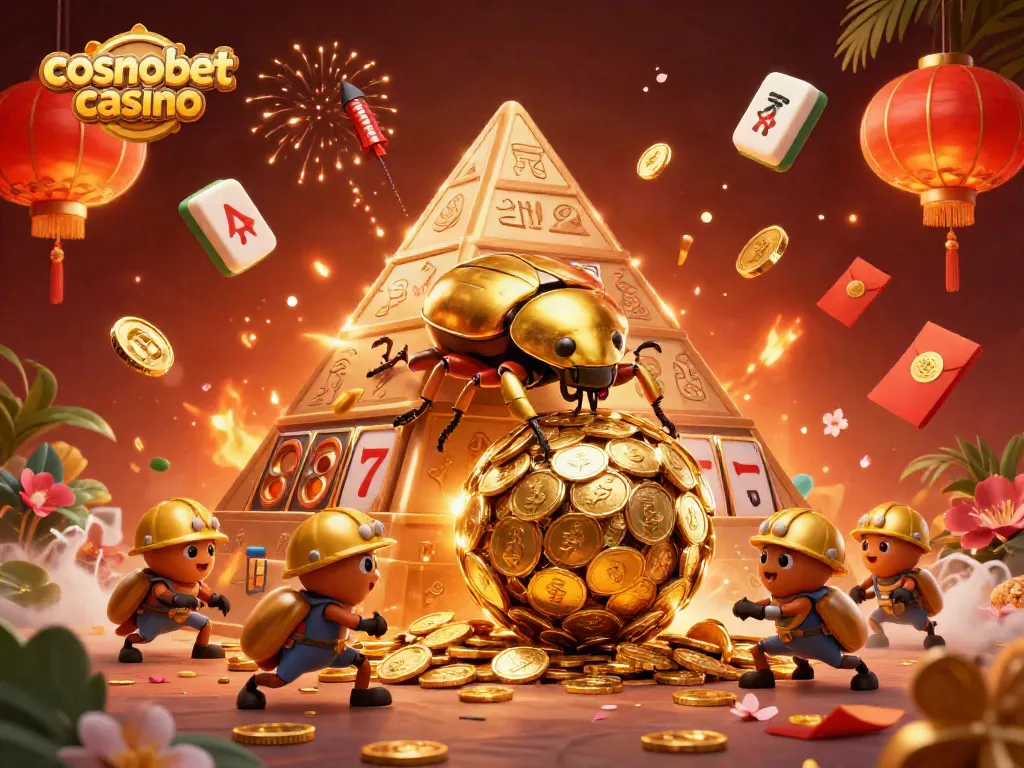 Experience the thrill at cosmobet casino with cartoon beetles and golden coins in a vibrant gaming scene.