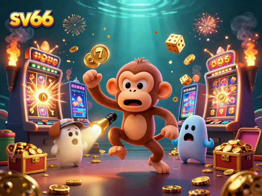 Experience the thrill of sv66 with a poltergeist monkey juggling coins in a lively casino.