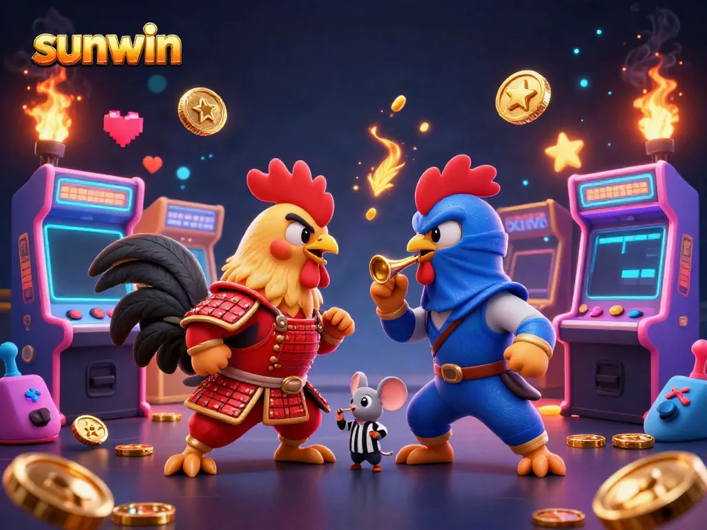 Watch sunwin's thrilling roosters in a dramatic standoff amidst vibrant casino elements.
