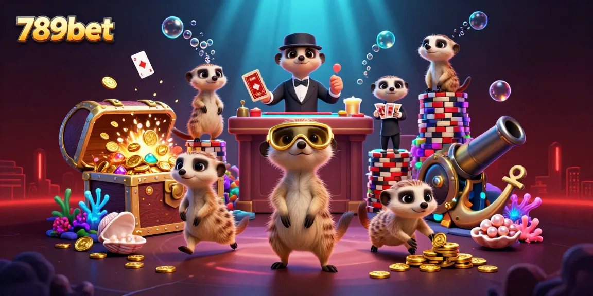 Experience the excitement of 789bet casino with meerkats managing games amid treasure and vibrant visuals.