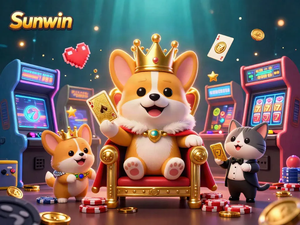 Engage in thrilling gameplay at Sunwin with colorful slot machines and a royal corgi character.