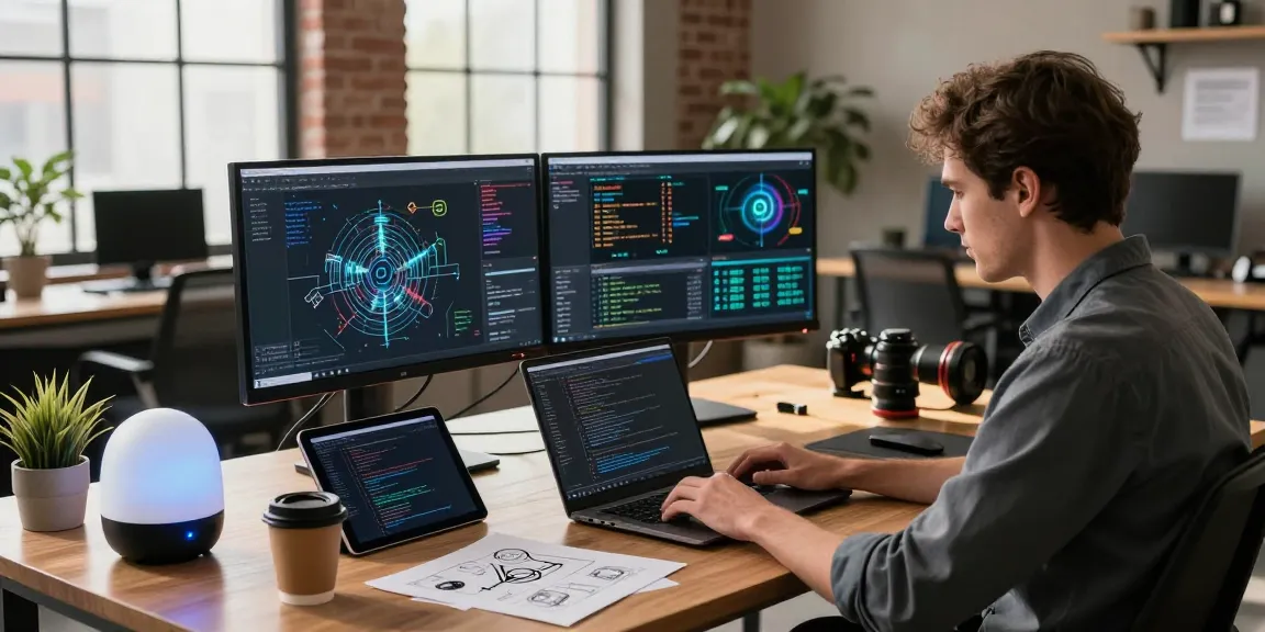Developer using juicy ai tools in a modern tech workspace with dual monitors, coding, and innovative gadgets.