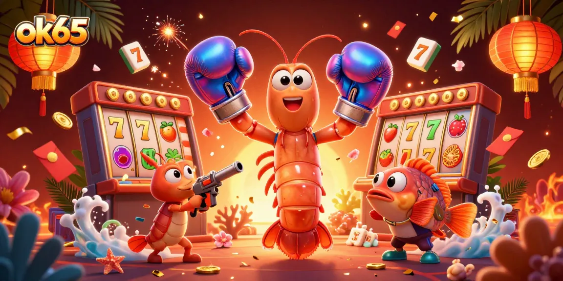 Experience the fun of ok65 with unique characters and dynamic gaming elements in an exciting casino illustration.