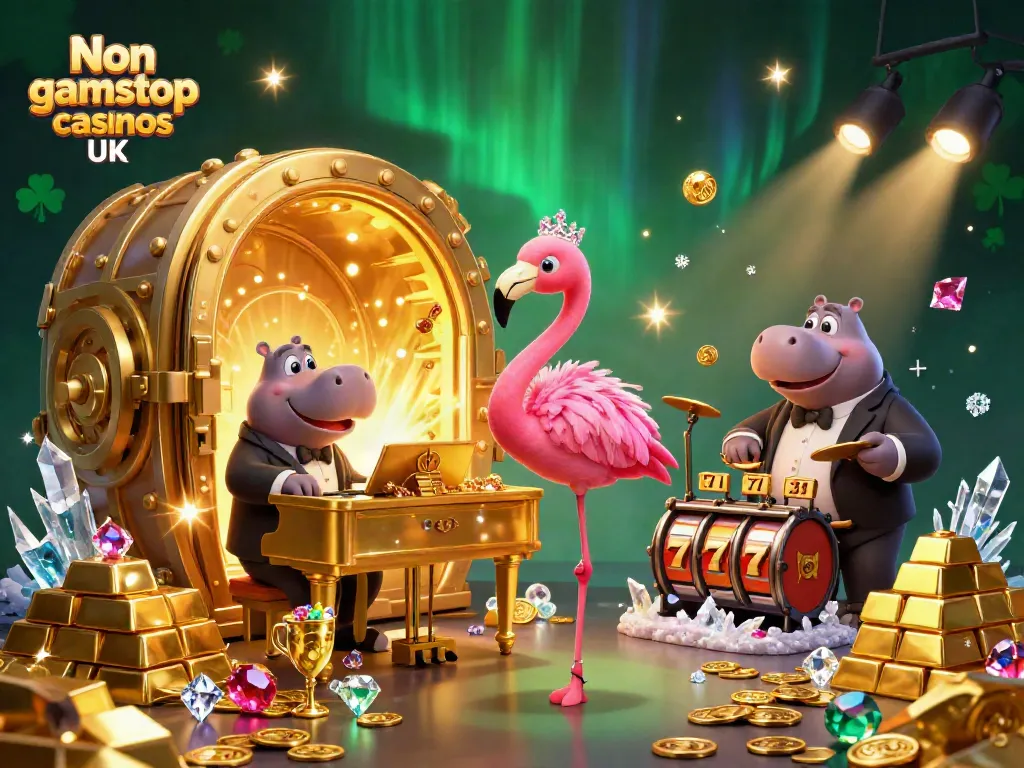 Engaging scene of Non gamstop casinos UK featuring lively characters, shimmering treasures, and dynamic casino elements.