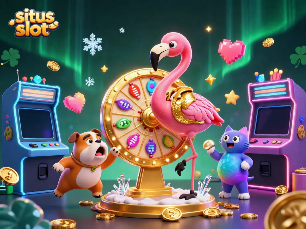 Engage with exciting situs slot games featuring a flamingo host, bulldog contestant, and vibrant casino elements.
